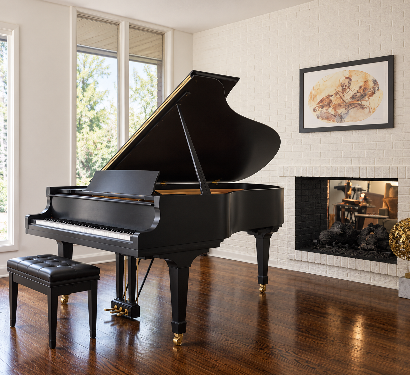 Teresa’s grand piano at home, beside a fireplace